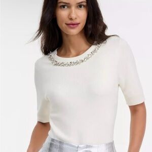 Women's Short-Sleeve Embellished-Neck Sweater